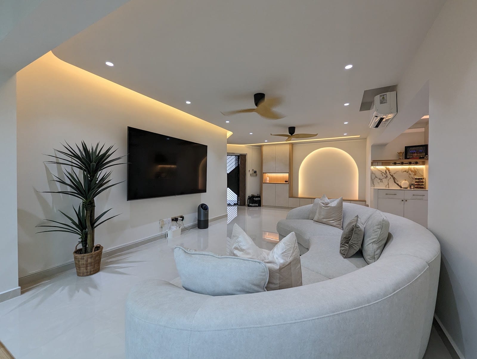 Modern Scandinavian Singapore flat renovation with bespoke wood feature wall and ambient cove lighting by DCSG