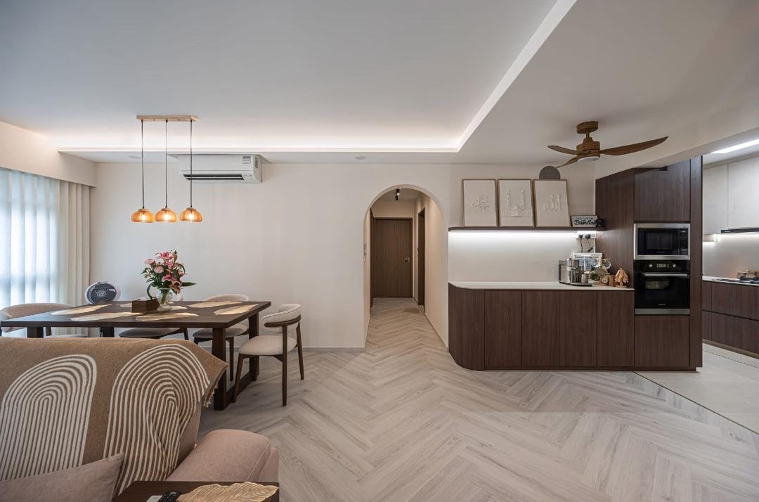 Minimalist living room renovation with bespoke TV feature console and track lighting by DCSG