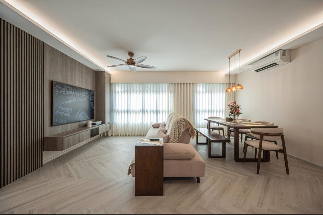 Modern contemporary open-concept flat with custom dining carpentry and integrated lighting by DCSG
